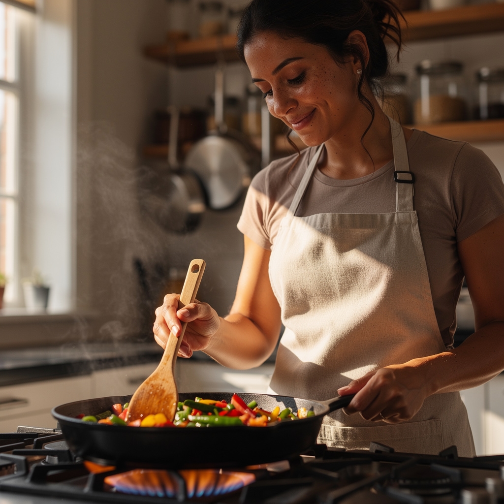 Home cook stirring a pan of vegetables in a warm, naturally lit kitchen