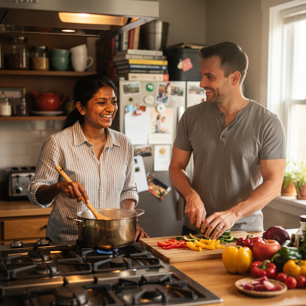 Two people cooking together in a home kitchen, laughing while stirring a pot on the stove
