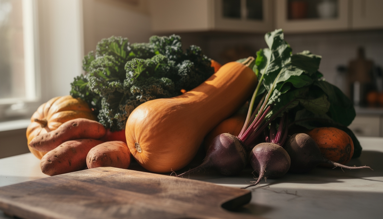 Colorful seasonal vegetables arranged on a home kitchen counter including squash, greens, and root vegetables